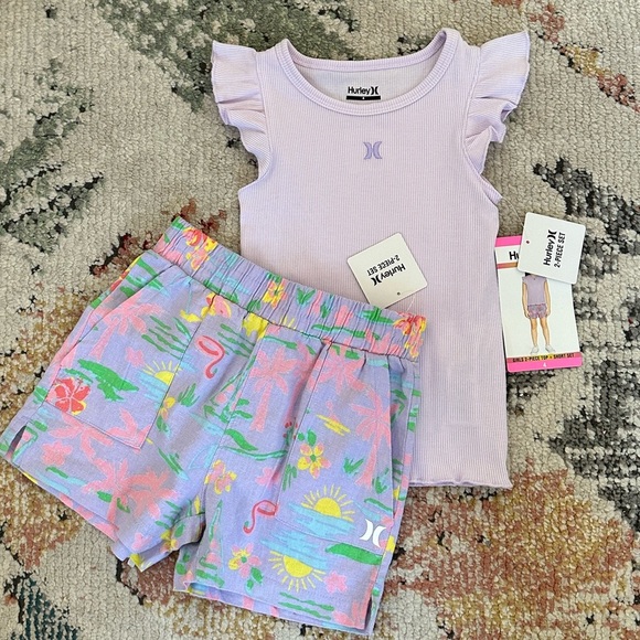 New Hurley Girls 2 Piece Lavender Top & Tropical Shorts Set Matching Outfit Set - Picture 2 of 11